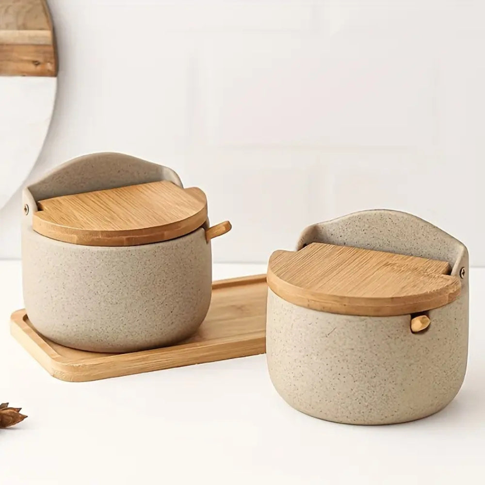 Ceramic Spice Jar Set with Bamboo Lids