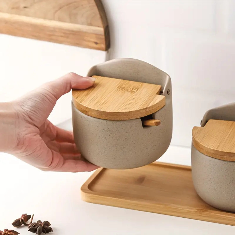 Ceramic Spice Jar Set with Bamboo Lids
