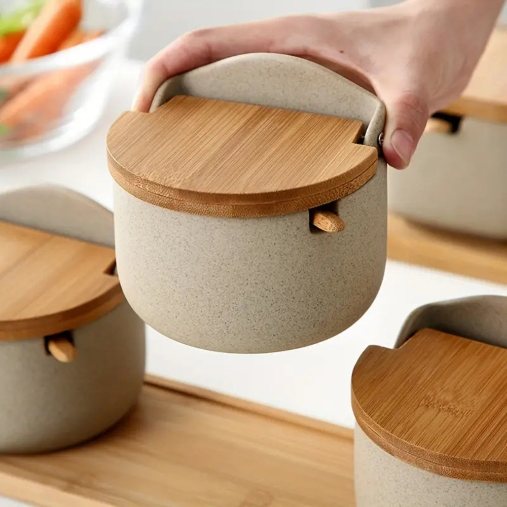 Ceramic Spice Jar Set with Bamboo Lids