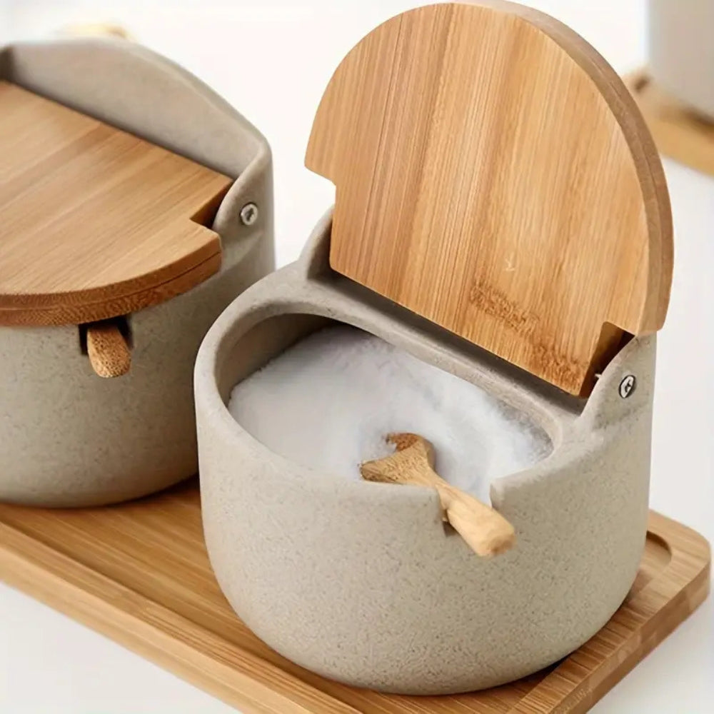 Ceramic Spice Jar Set with Bamboo Lids