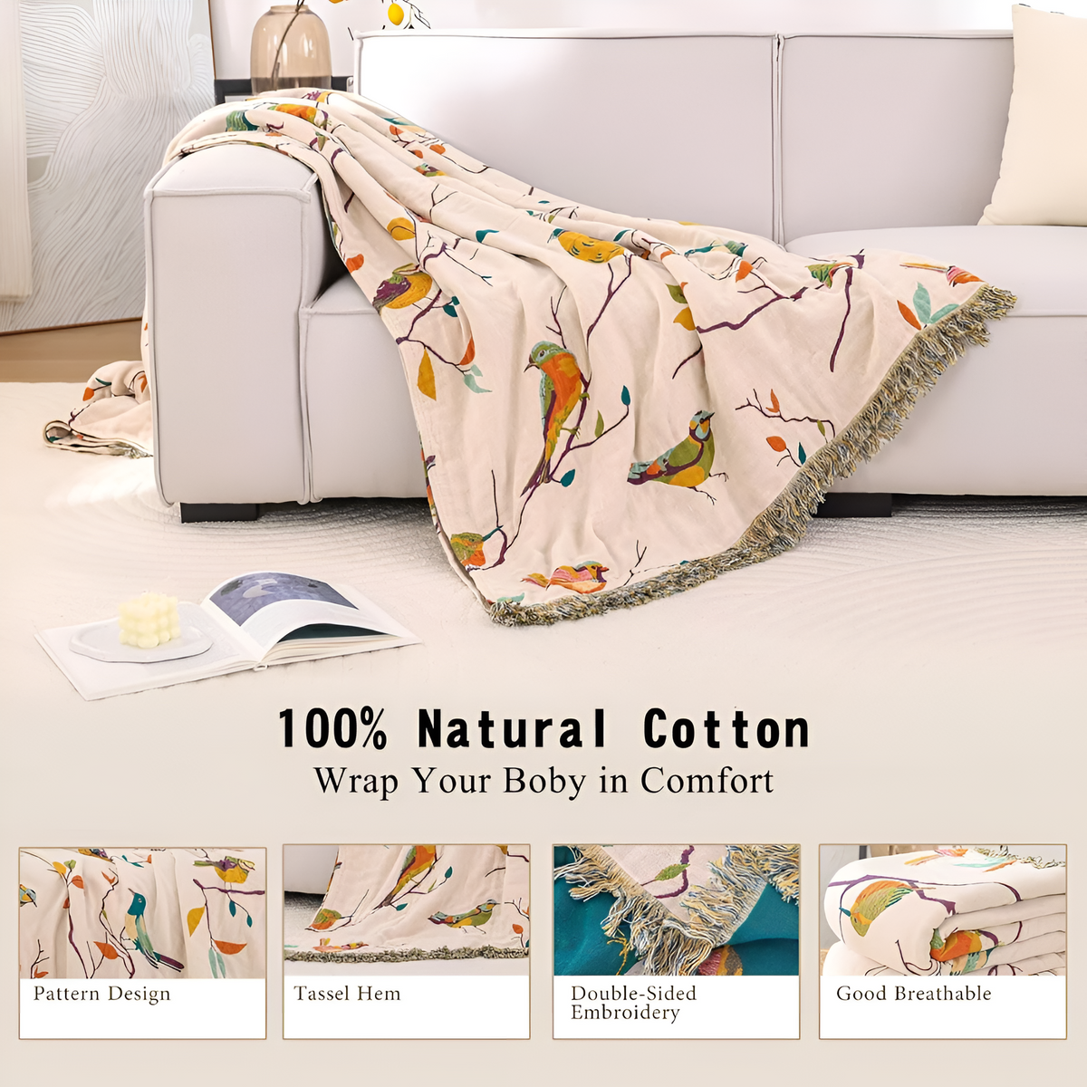 Whimsical Bird Cotton Blanket