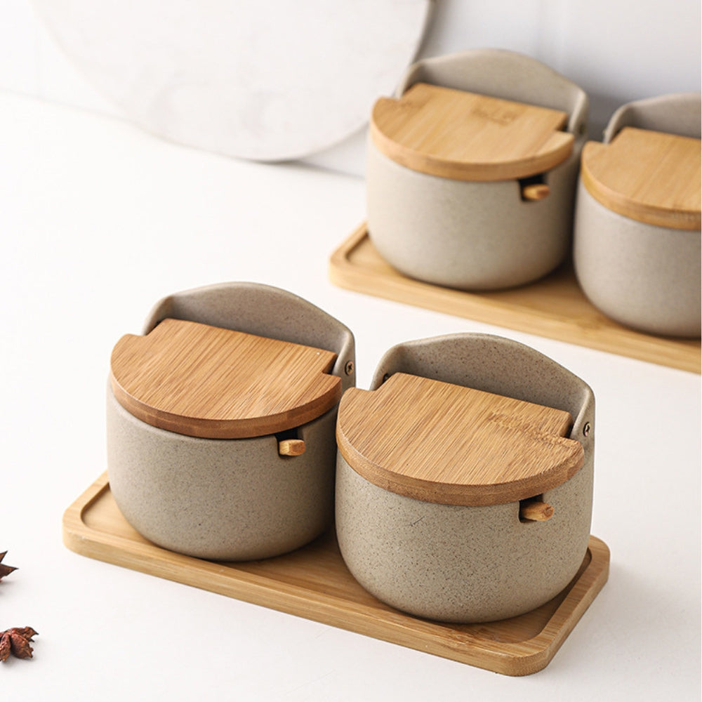 Ceramic Spice Jar Set with Bamboo Lids