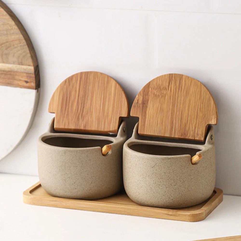 Ceramic Spice Jar Set with Bamboo Lids