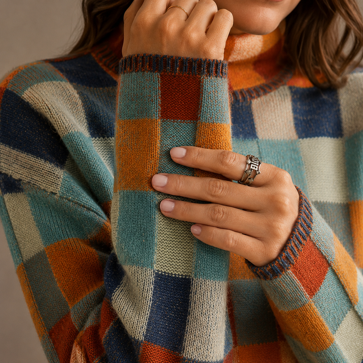Women's Checkered Turtleneck Sweater