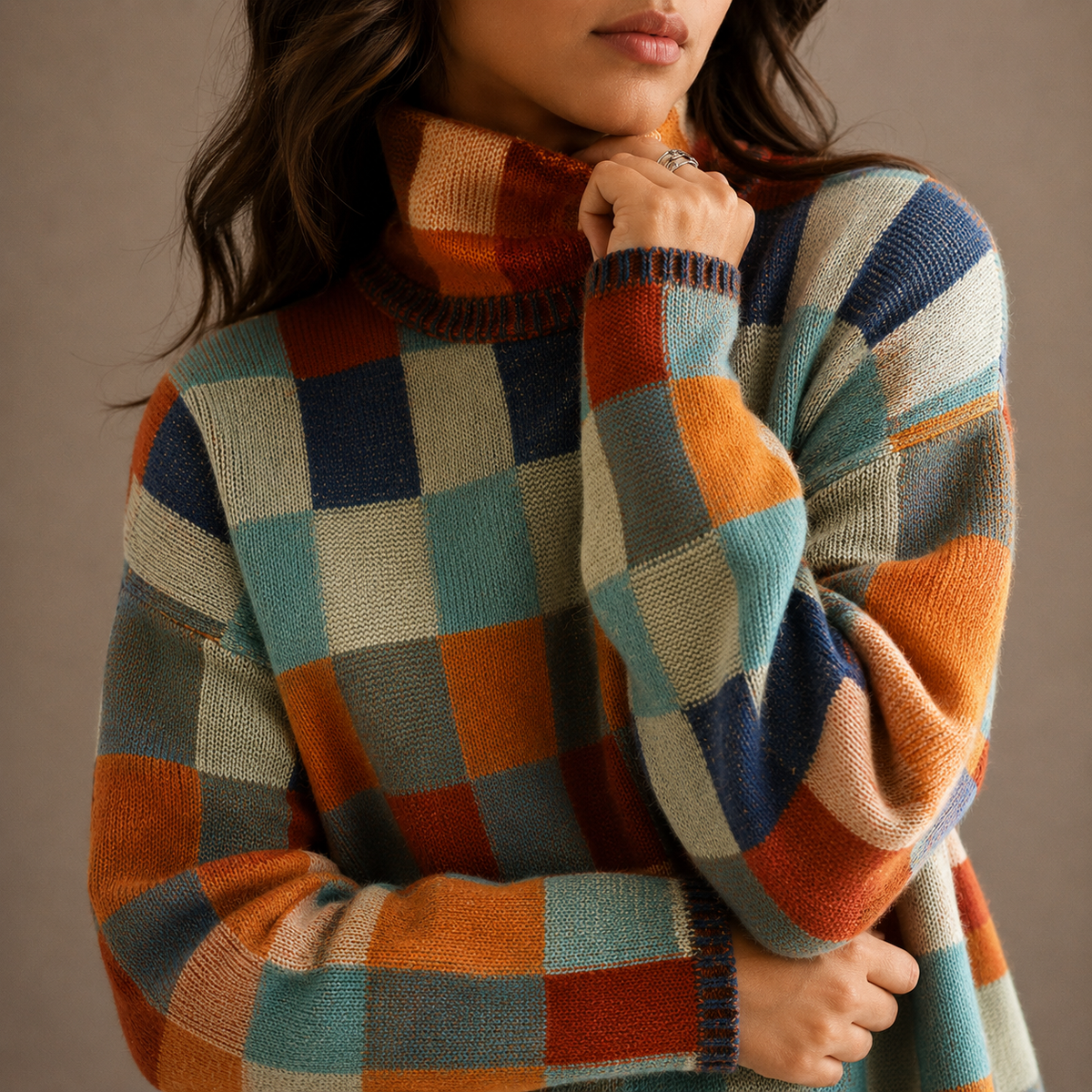 Women's Checkered Turtleneck Sweater
