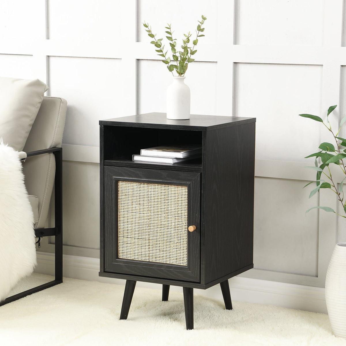 Frances Rattan Bedside Table – Black