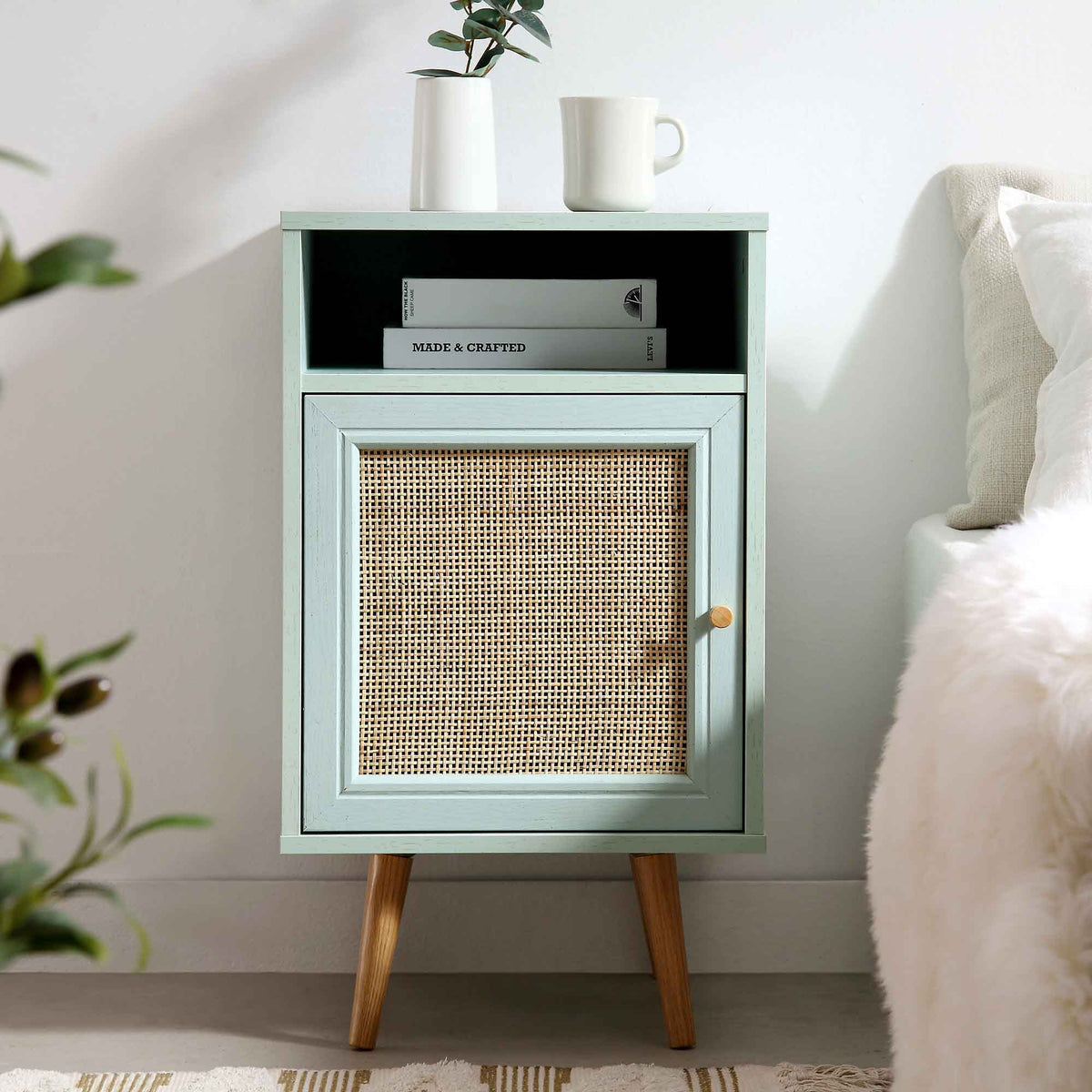 Frances Rattan Bedside Table – Mint