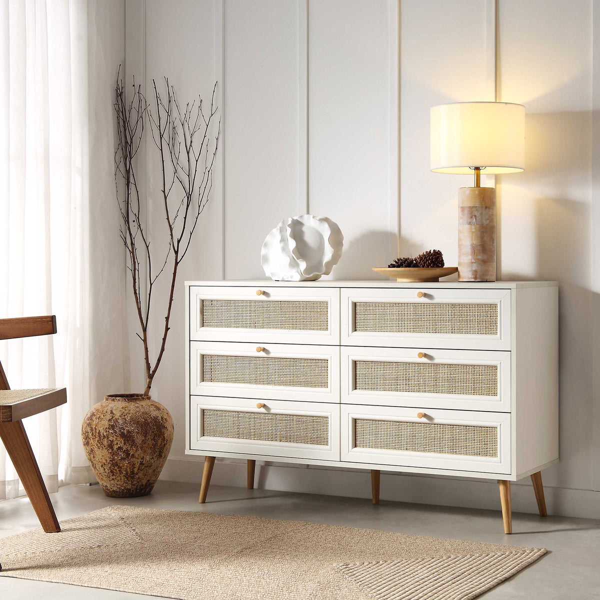 Frances Rattan 6 Drawer Dresser – White