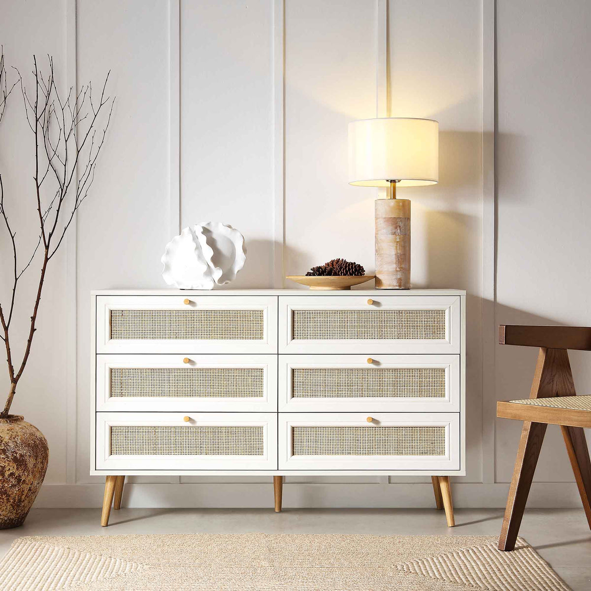 Frances Rattan 6 Drawer Dresser – White