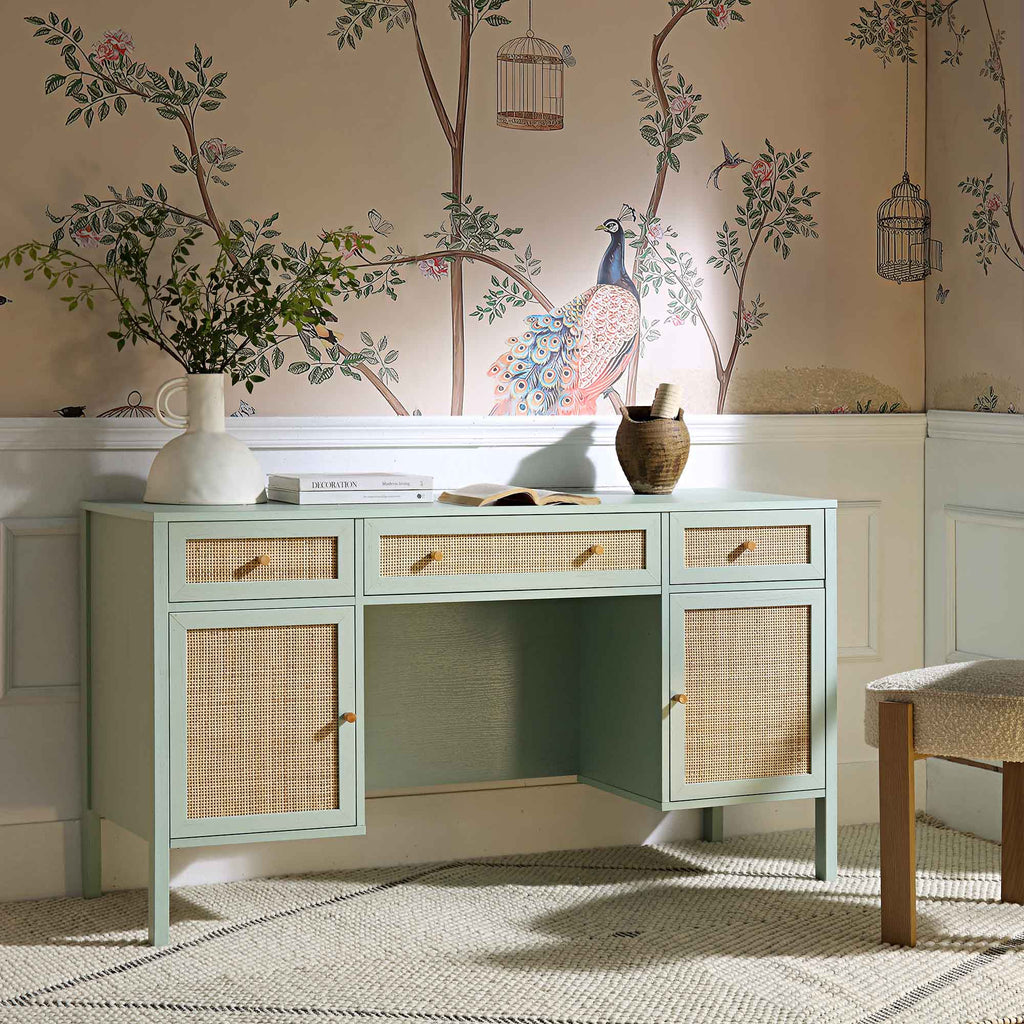 Frances Rattan 3-Drawer Desk – Mint