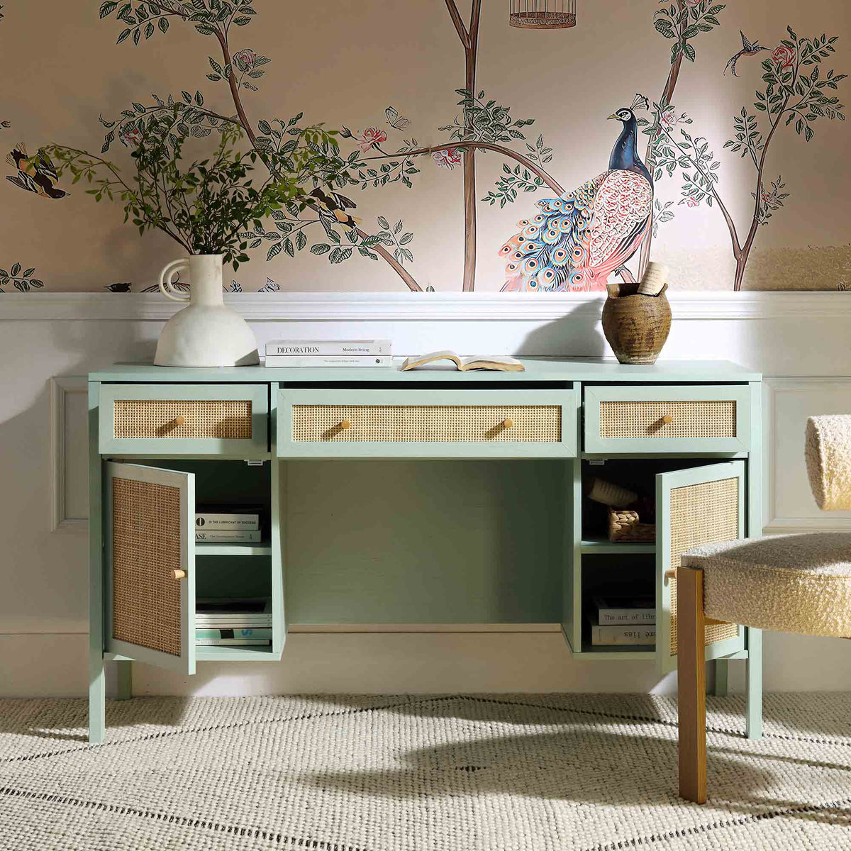 Frances Rattan 3-Drawer Desk – Mint