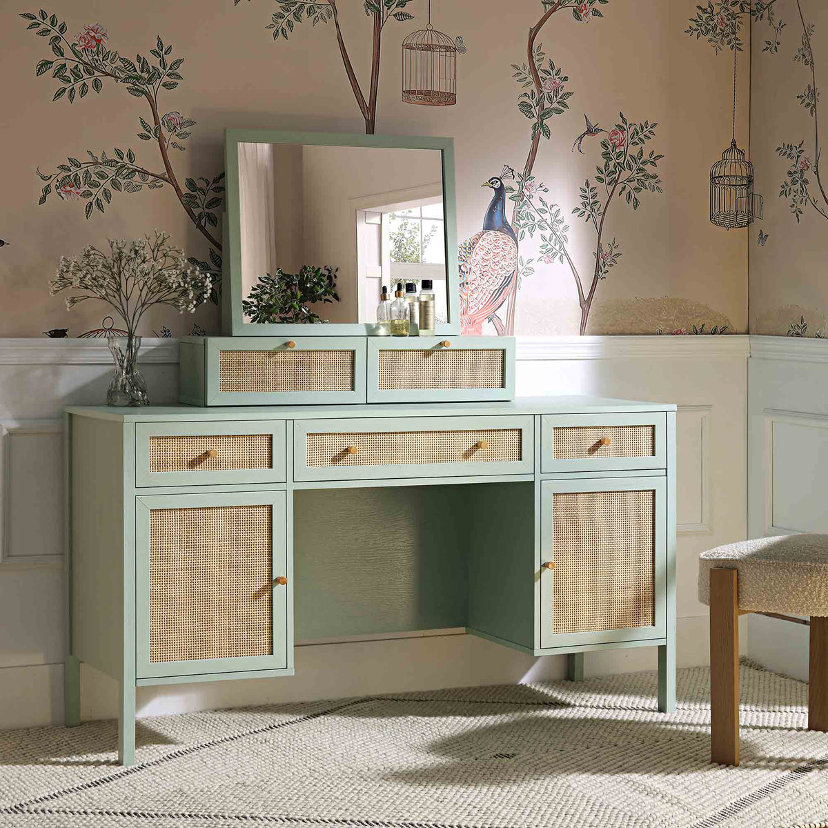 Frances Rattan 3-Drawer Desk – Mint