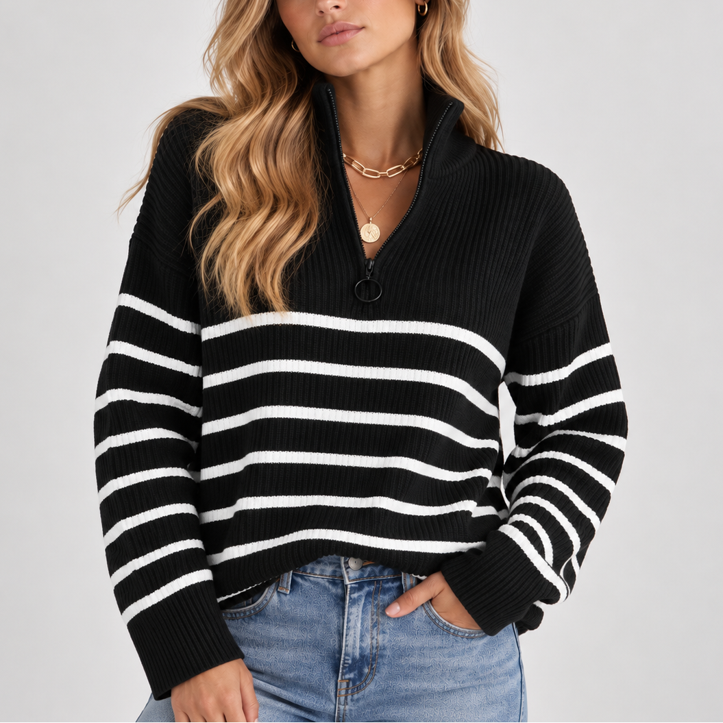 Women's Striped Quarter-Zip Sweater