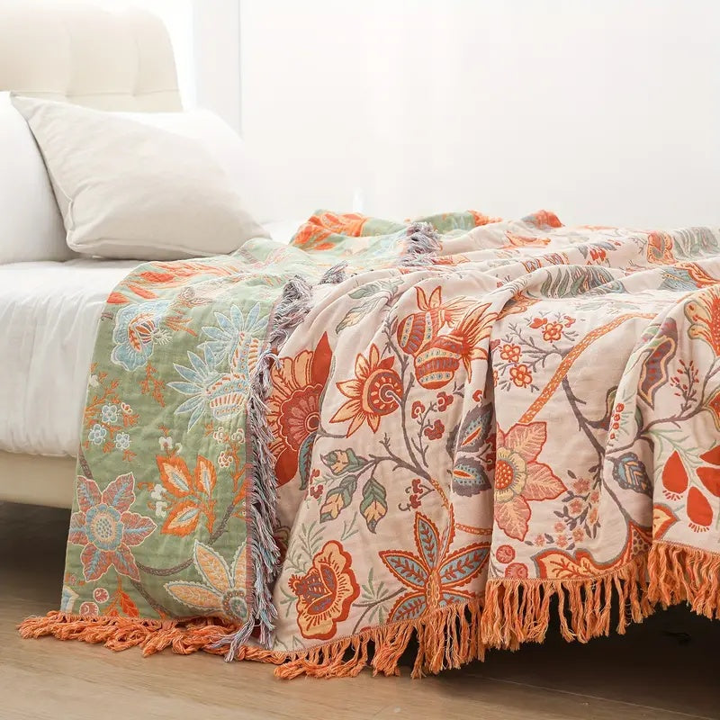 Floral Tassel Throw Blanket